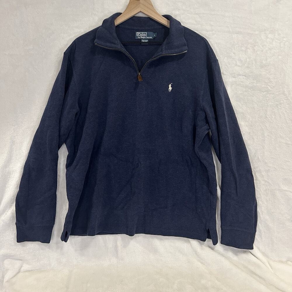 Polo Ralph Lauren Men's Sz L 1/4 Zip Blue Sweater Pullover Leather Zipper Pull